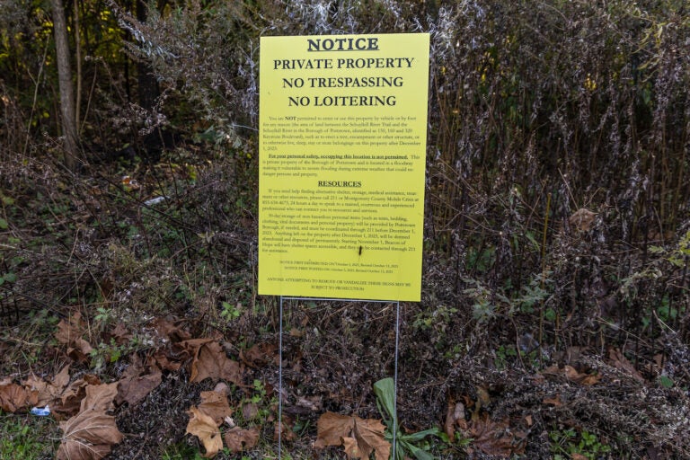 A sign posted in the woods says 'Notice: Private Property'