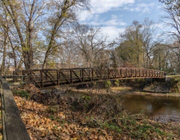 The Schuylkill River Trail in Pottstown, Pa. (Kimberly Paynter/WHYY) A small bridge goes over the stream.