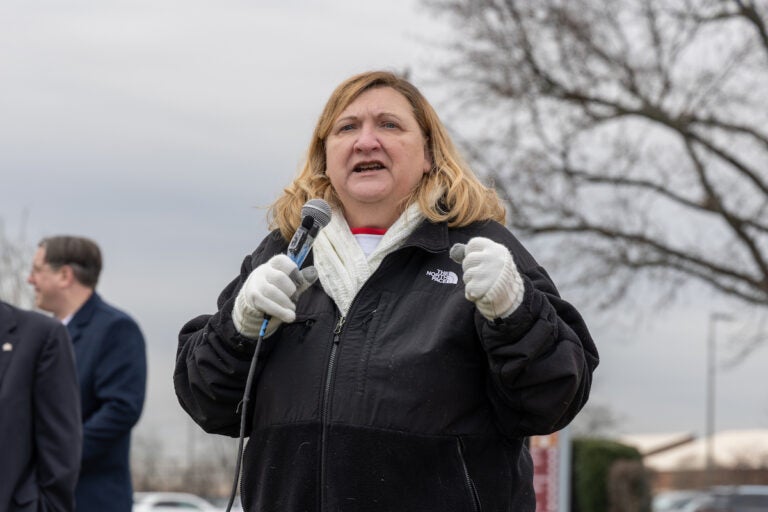 Anna Carlin speaks into a microphone