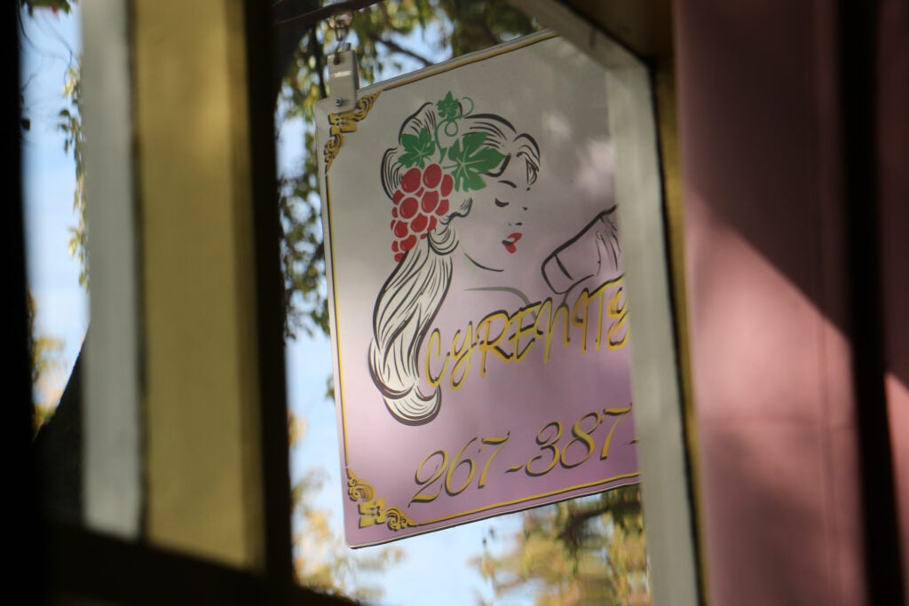 A sign showing a woman reads "Cyrenity"