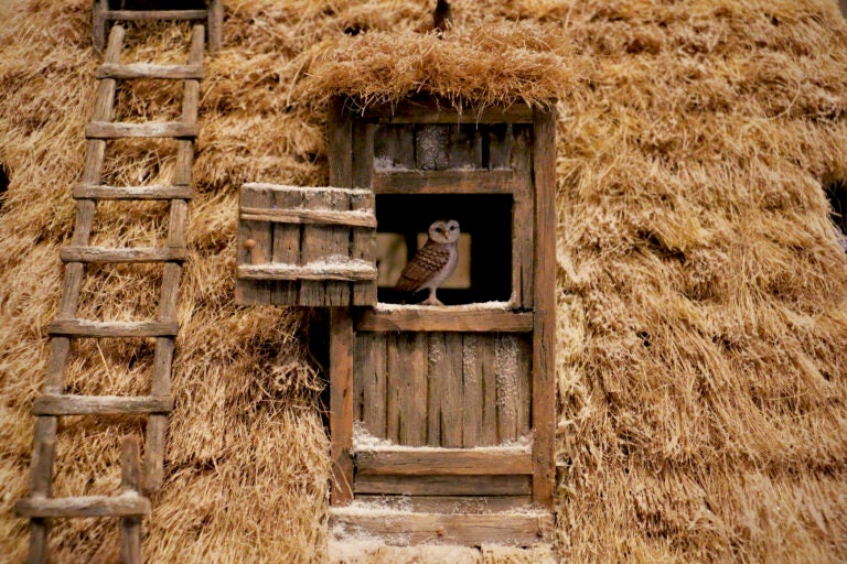 A tiny owl is visible peering out of a stable door in a handmade nativity scene