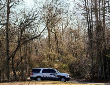 A police vehicle is parked on a road leading to the scene of a helicopter crash in Washington Township