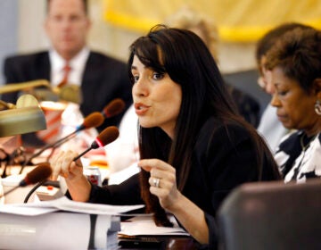 New Jersey Sen. Teresa Ruiz speaks into a microphone