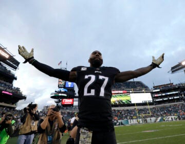 Then-Philadelphia Eagles' Malcolm Jenkins' reaction after winning an NFL football game against the Denver Broncos in November 2017.