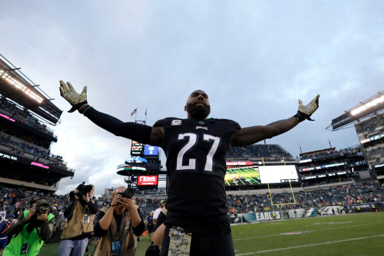 Then-Philadelphia Eagles' Malcolm Jenkins' reaction after winning an NFL football game against the Denver Broncos in November 2017.