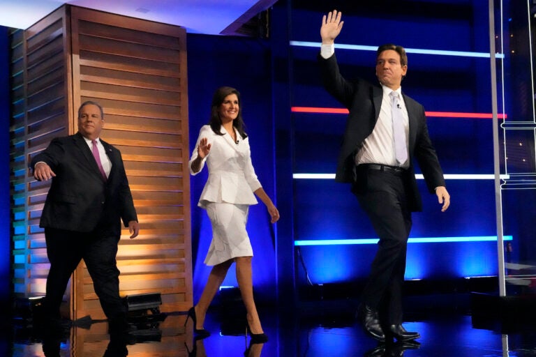  Republican presidential candidates (from left) former New Jersey Gov. Chris Christie, former UN Ambassador Nikki Haley, and Florida Gov. Ron DeSantis, arrive on stage before a Republican presidential primary debate hosted by NBC News Wednesday, Nov. 8, 2023, at the Adrienne Arsht Center for the Performing Arts of Miami-Dade County in Miami. A two-hour Republican presidential primary debate will start at 8 p.m. ET on Wednesday, Dec. 6, in Tuscaloosa, Ala. (AP Photo/Wilfredo Lee, File)