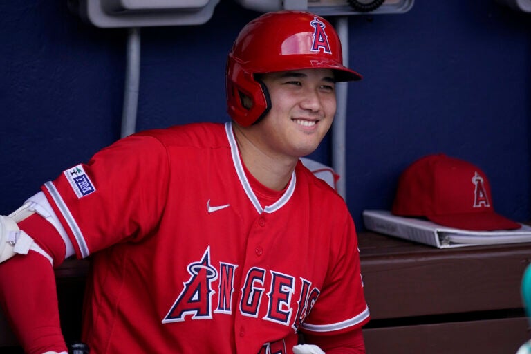 Los Angeles Angels' Shohei Ohtani smiles before a baseball game, Wednesday, Aug. 30, 2023, in Philadelphia.