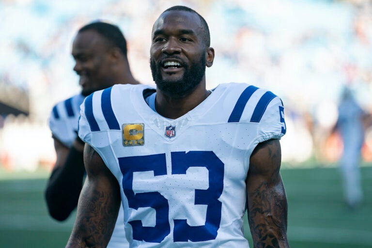 Indianapolis Colts linebacker Shaquille Leonard (53) warms up before an NFL football game against the Carolina Panthers Sunday, Nov. 5, 2023, in Charlotte, N.C.