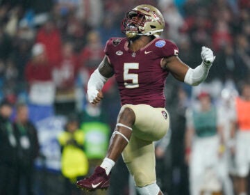 Florida State defensive lineman Jared Verse reacts after a play during the second half of the team's Atlantic Coast Conference championship NCAA college football game against Louisville, Saturday, Dec. 2, 2023, in Charlotte, N.C.