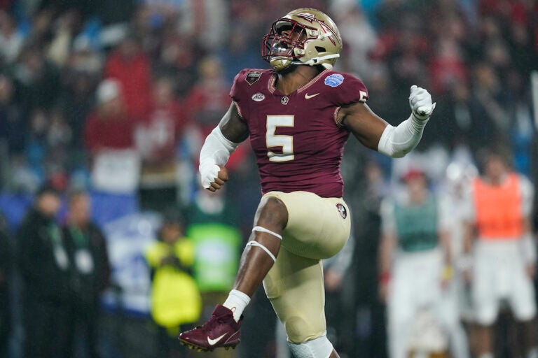 Florida State defensive lineman Jared Verse reacts after a play during the second half of the team's Atlantic Coast Conference championship NCAA college football game against Louisville, Saturday, Dec. 2, 2023, in Charlotte, N.C.