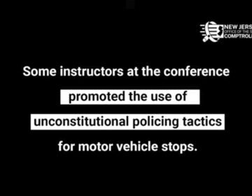 This still image provided by New Jersey State Comptroller Office shows a graphic from the NJ State Comptrollers Office report regarding a police training video.  An October 2021 police training seminar in New Jersey,   instructors made lewd comments about women, encouraged officers to pull people over for no reason and showed a photo of a monkey after discussing pulling over a 75-year-old Black man, according to a new state comptroller's report.”  (New Jersey State Comptroller Office via AP)