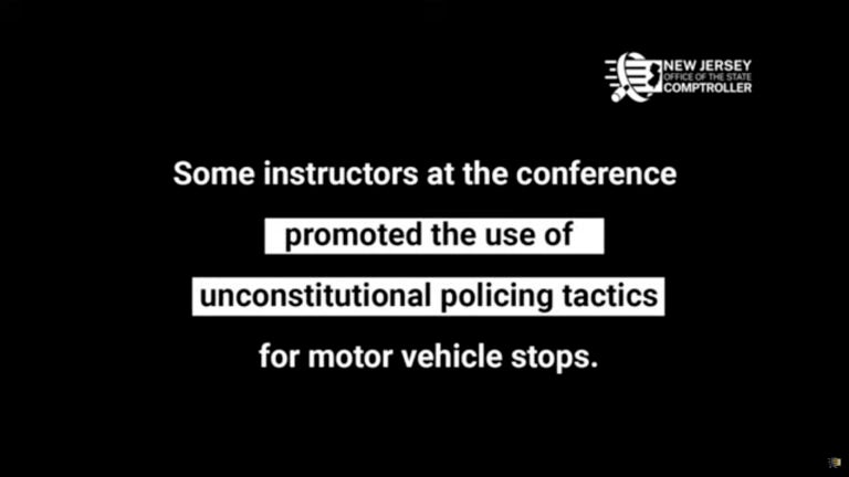 This still image provided by New Jersey State Comptroller Office shows a graphic from the NJ State Comptrollers Office report regarding a police training video.  An October 2021 police training seminar in New Jersey,   instructors made lewd comments about women, encouraged officers to pull people over for no reason and showed a photo of a monkey after discussing pulling over a 75-year-old Black man, according to a new state comptroller's report.”  (New Jersey State Comptroller Office via AP)