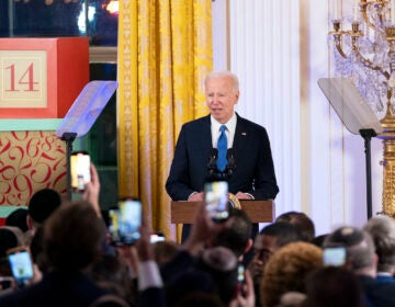 President Joe Biden speaks at a Hanukkah reception in the East Room of the White House in Washington, Monday, Dec. 11, 2023.(Bonnie Cash/Pool via AP)
