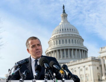 Hunter Biden, son of President Joe Biden, talks to reporters at the U.S. Capitol, in Washington, Wednesday, Dec. 13, 2023. Hunter Biden lashed out at Republican investigators who have been digging into his business dealings, insisting outside the Capitol he will only testify before a congressional committee in public. (AP Photo/Jose Luis Magana)