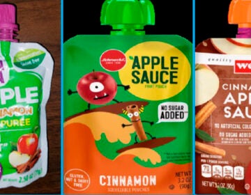 This image provided by the U.S. Food and Drug Administration on Thursday, Nov. 17, 2023, shows three recalled applesauce products - WanaBana apple cinnamon fruit puree pouches, Schnucks-brand cinnamon-flavored applesauce pouches and variety pack, and Weis-brand cinnamon applesauce pouches. U.S. food inspectors found “extremely high” lead levels in cinnamon at a plant in Ecuador that made applesauce pouches tainted with the metal. The recalled pouches have been linked to dozens of illnesses in U.S. kids. The FDA said Monday, Dec. 18, 2023, the agency is continuing to investigate. (FDA via AP)