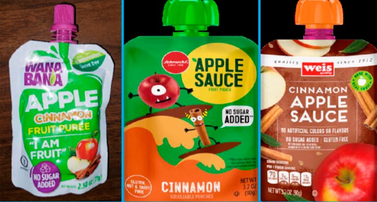 This image provided by the U.S. Food and Drug Administration on Thursday, Nov. 17, 2023, shows three recalled applesauce products - WanaBana apple cinnamon fruit puree pouches, Schnucks-brand cinnamon-flavored applesauce pouches and variety pack, and Weis-brand cinnamon applesauce pouches. U.S. food inspectors found “extremely high” lead levels in cinnamon at a plant in Ecuador that made applesauce pouches tainted with the metal. The recalled pouches have been linked to dozens of illnesses in U.S. kids. The FDA said Monday, Dec. 18, 2023, the agency is continuing to investigate. (FDA via AP)