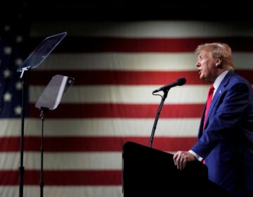 Trump speaks at a podium. The U.S. flag is visible in the background.