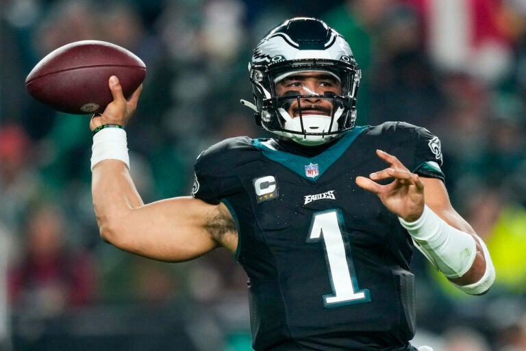 Philadelphia Eagles quarterback Jalen Hurts passes against the New York Giants during the second half of an NFL football game Monday, Dec. 25, 2023, in Philadelphia.