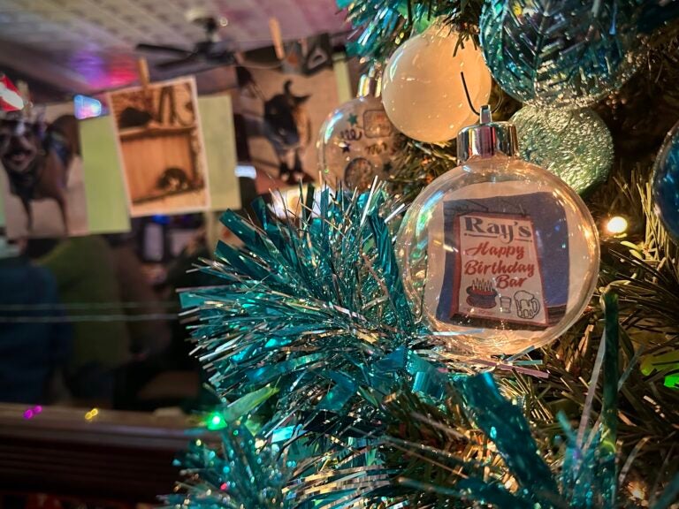 Customized ornaments decorate the Christmas tree at Ray's. (Ali Mohsen/Billy Penn)