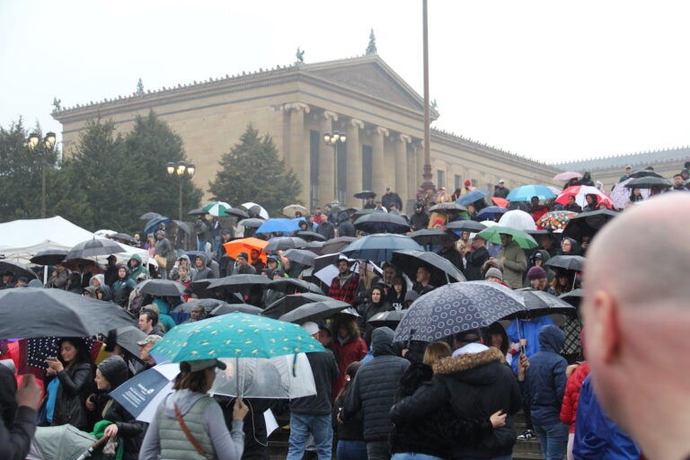 Thousands gathered near the steps of the Philadelphia Museum of Art to celebrate Rocky Day on Dec. 3, 2023. (Cory Sharber/WHYY)