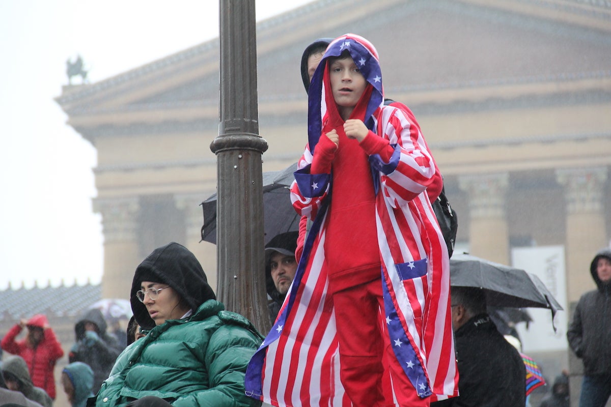 Thousands gathered near the steps of the Philadelphia Museum of Art to celebrate Rocky Day on Dec. 3, 2023. (Cory Sharber/WHYY)