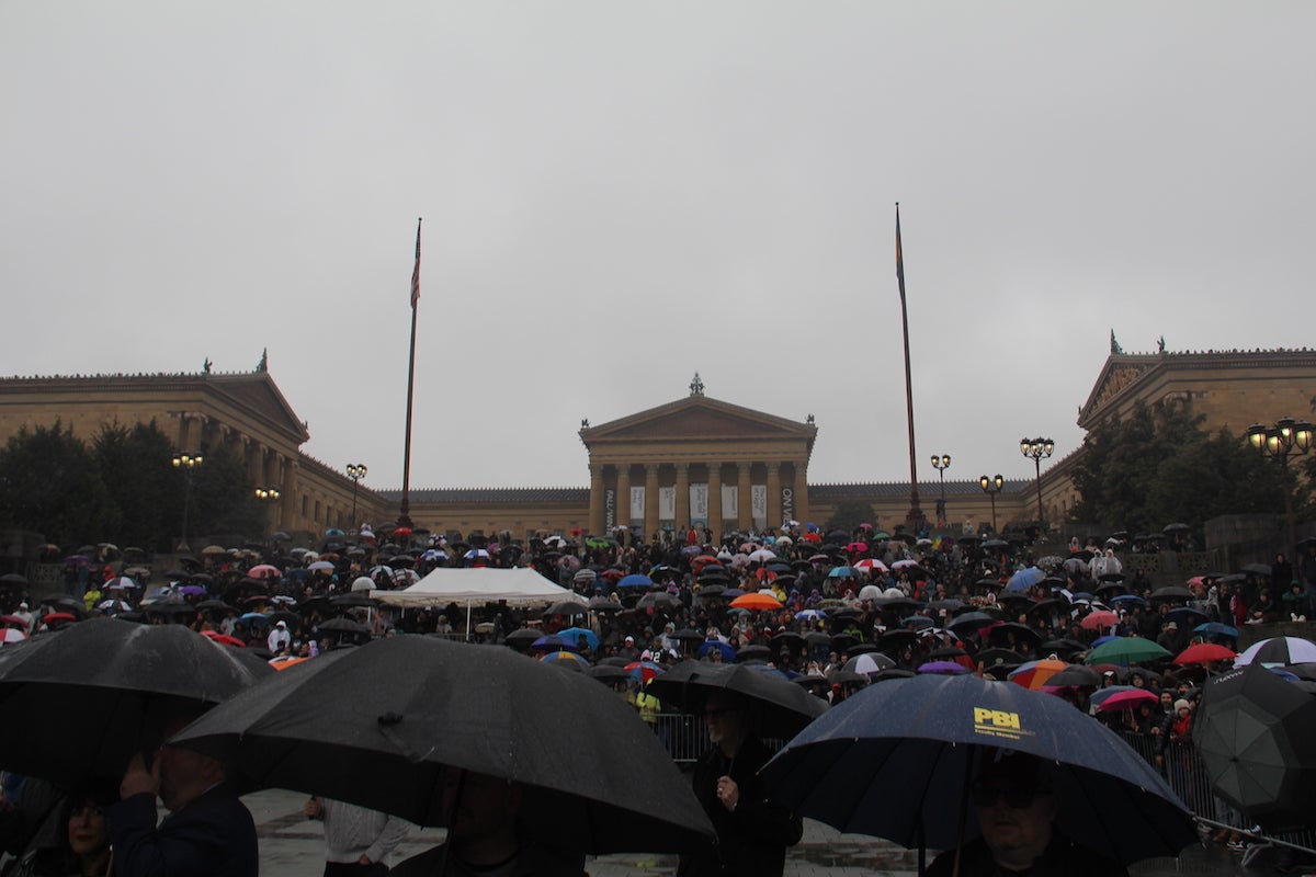 Thousands gathered near the steps of the Philadelphia Museum of Art to celebrate Rocky Day on Dec. 3, 2023. (Cory Sharber/WHYY)