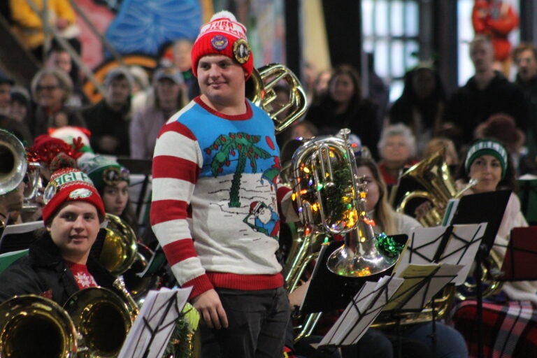 All types of horns could be seen and heard during the TubaChristmas concert at Cherry Street Pier on Dec. 17, 2023. (Cory Sharber/WHYY)