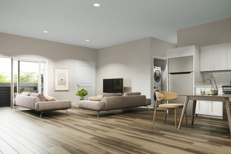 A rendering of an apartment living room at Kenyon Lofts in Germantown. (Courtesy of Odin Properties)
