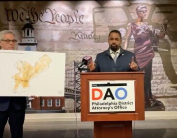 Philly DA Larry Krasner and state Sen. Sharif Street during a press conference at the National Constitution Center last week, with a map that shows the potential coverage area of new law creating a special prosecutor for SEPTA. (Philly DA's Office)