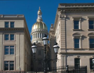 The New Jersey state capitol building dome as seen through a gap in several buildings.