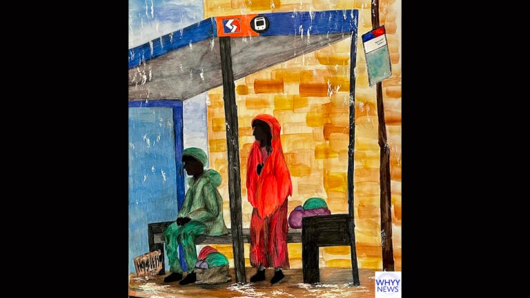 An illustration depicts two people at a bus stop