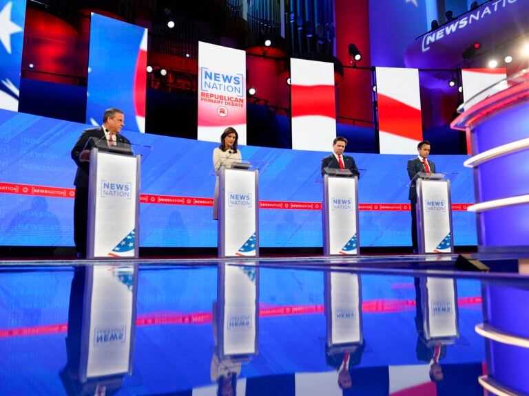 Republican presidential candidates from left, former New Jersey Gov. Chris Christie, former U.N. Ambassador Nikki Haley, Florida Gov. Ron DeSantis, and businessman Vivek Ramaswamy during a Republican presidential primary debate hosted by NewsNation on Wednesday at the University of Alabama in Tuscaloosa, Ala. (Gerald Herbert/AP)