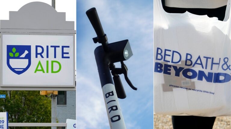 Rite Aid, Bird and Bed Bath & Beyond are among the notable companies that filed for bankruptcy in 2023. (Gene J. Puskar/AP; John Minchillo/AP; Rogelio V. Solis/AP)