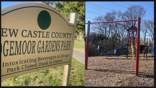 To the left, a sign reads New Castle County Edgemoor Gardens Park. To the right is a playground.
