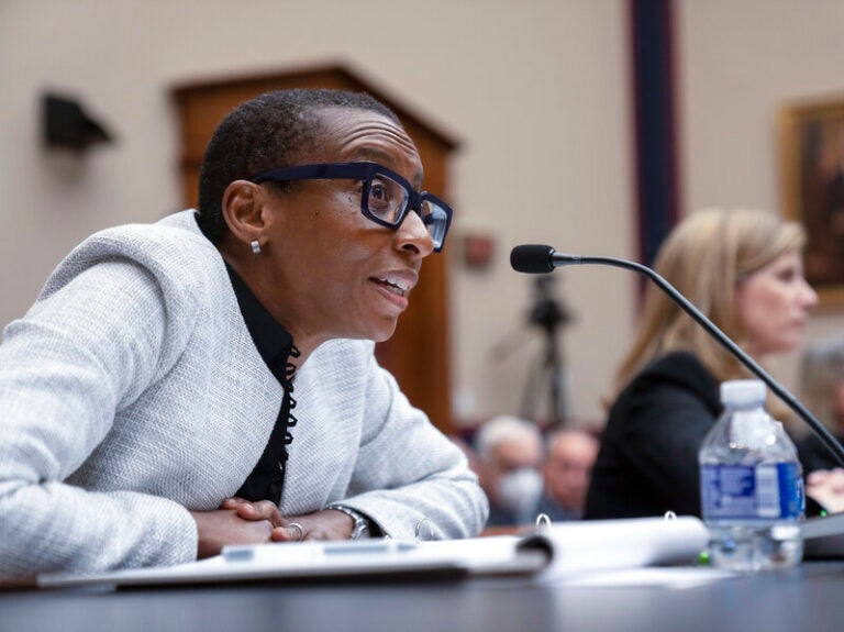 Harvard President Claudine Gay, left, speaks as University of Pennsylvania President Liz Magill listens during a hearing of the House Committee on Education on Capitol Hill