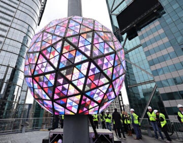 Workers test the Times Square New Year's Eve Ball on Saturday, Dec. 30, 2023, in New York. (Cindy Ord/Getty Images)