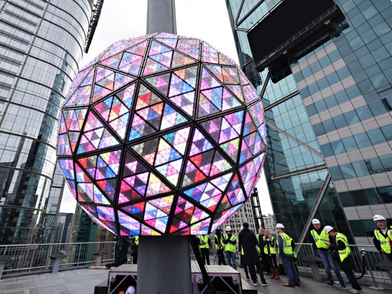 Workers test the Times Square New Year's Eve Ball on Saturday, Dec. 30, 2023, in New York. (Cindy Ord/Getty Images)