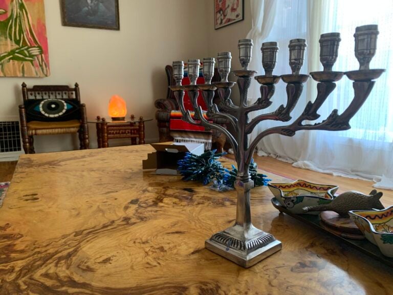 A menorah displayed on a table.