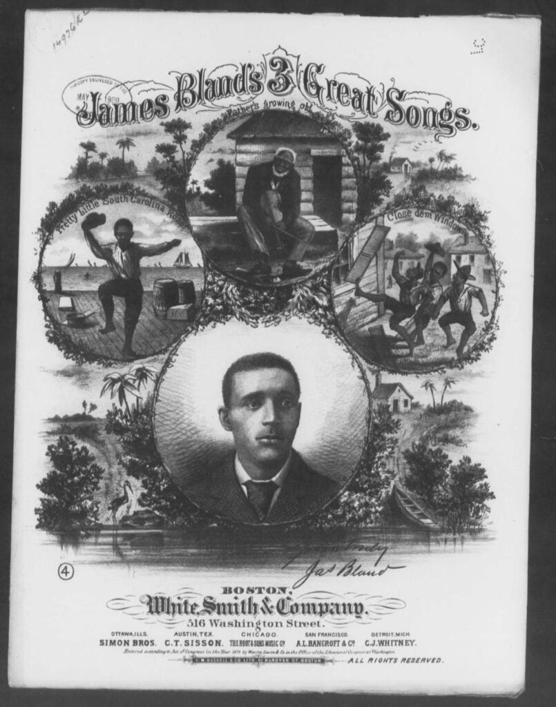 The cover of a record entitled "James Bland's 3 Great Songs," featuring a photo of James Bland.