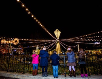 A row of kids look at a lighted fountain