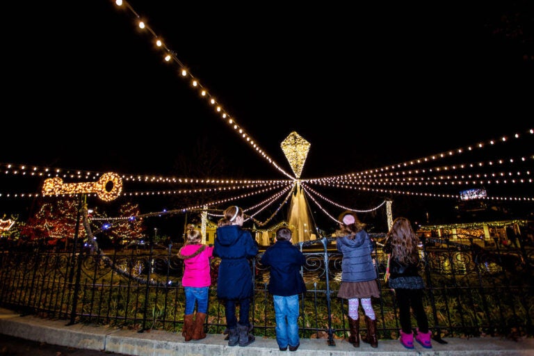 A row of kids look at a lighted fountain