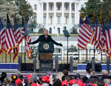 Trump speaks at a podium lined with U.S. flags on Jan. 6.