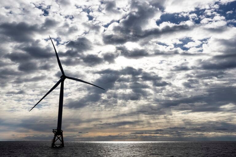 A Block Island Wind Farm turbine operates