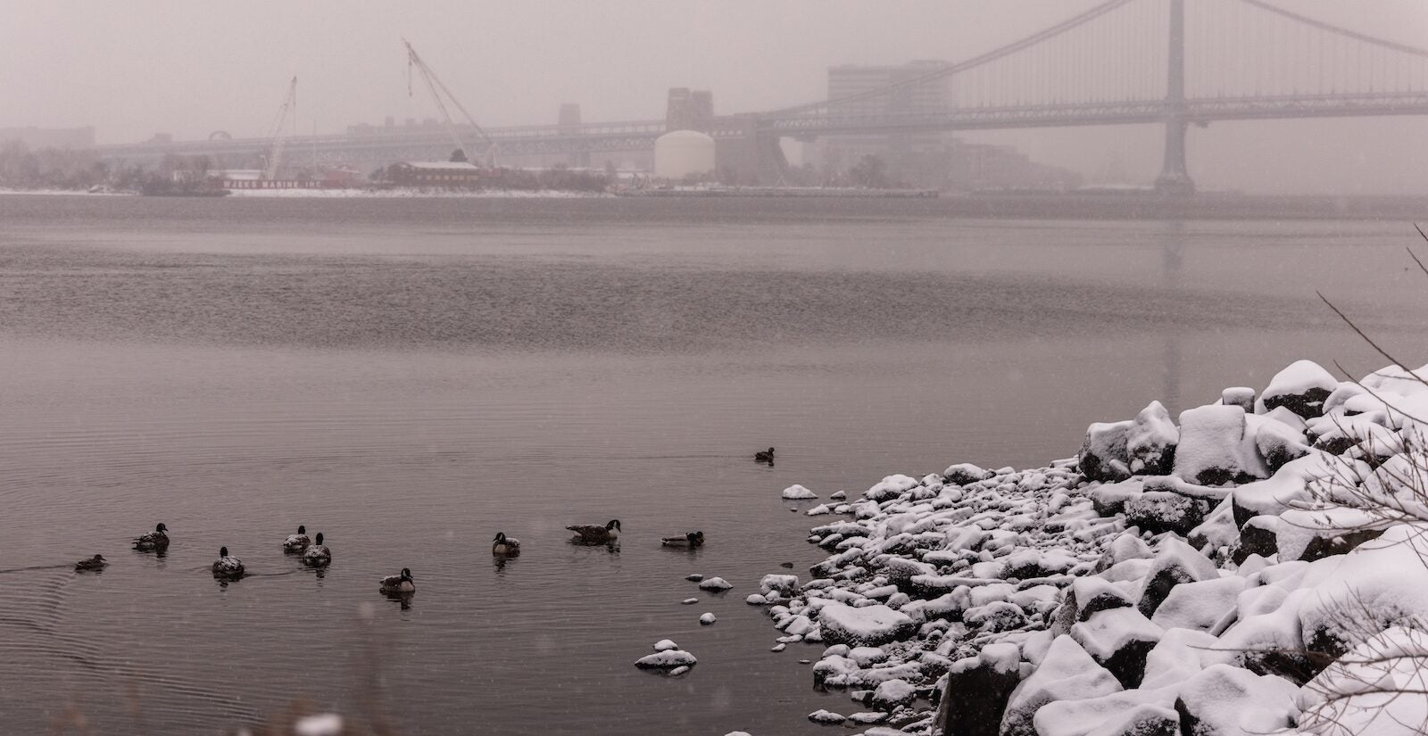 The Ben Franklin Bridge in Philadelphia during a snow storm on Jan. 19, 2024.