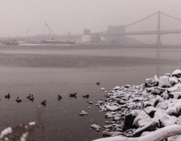 The Ben Franklin Bridge in Philadelphia during a snow storm on Jan. 19, 2024.