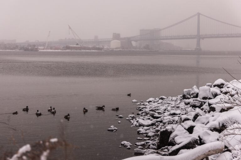 The Ben Franklin Bridge in Philadelphia during a snow storm on Jan. 19, 2024.