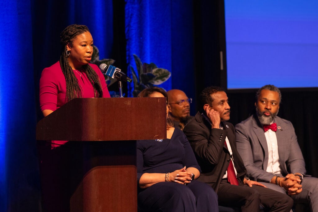 Kathryn Epps Roberson, president and CEO of the Fund for the School District of Philadelphia, speaks at a podium