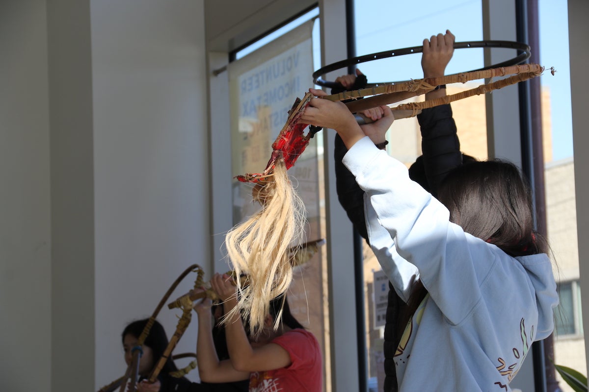 The group brushed up on their lion dance techniques during a Sunday practice at The Crane in Chinatown. (Cory Sharber/WHYY)