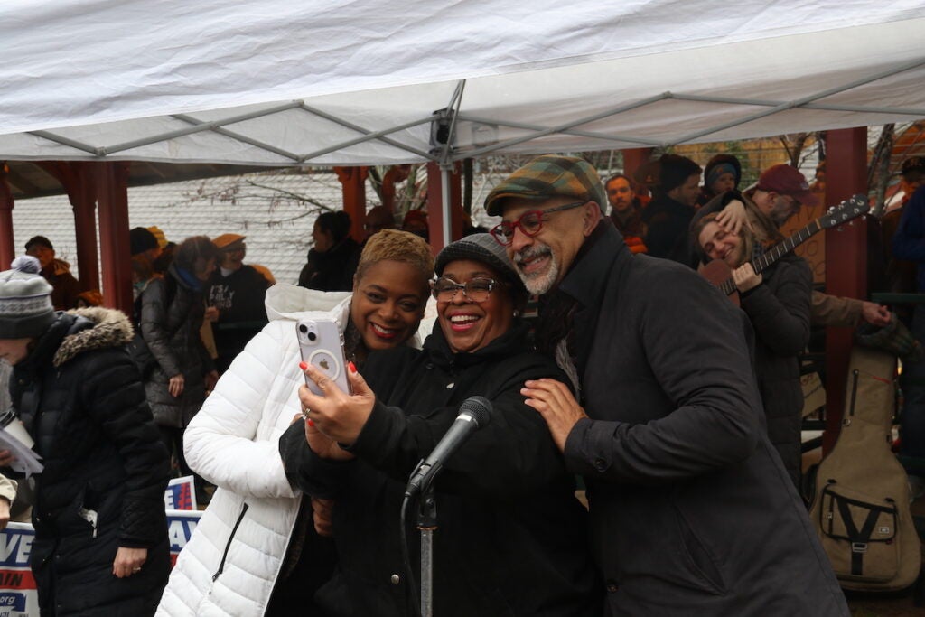 District 8 Councilmember Cindy Bass, and State Reps. Darisha Parker and Chris Rabb posed for a selfie after speaking at the ''rally and ride'' at the Richard Allen Lane SEPTA station on Jan. 28, 2024.