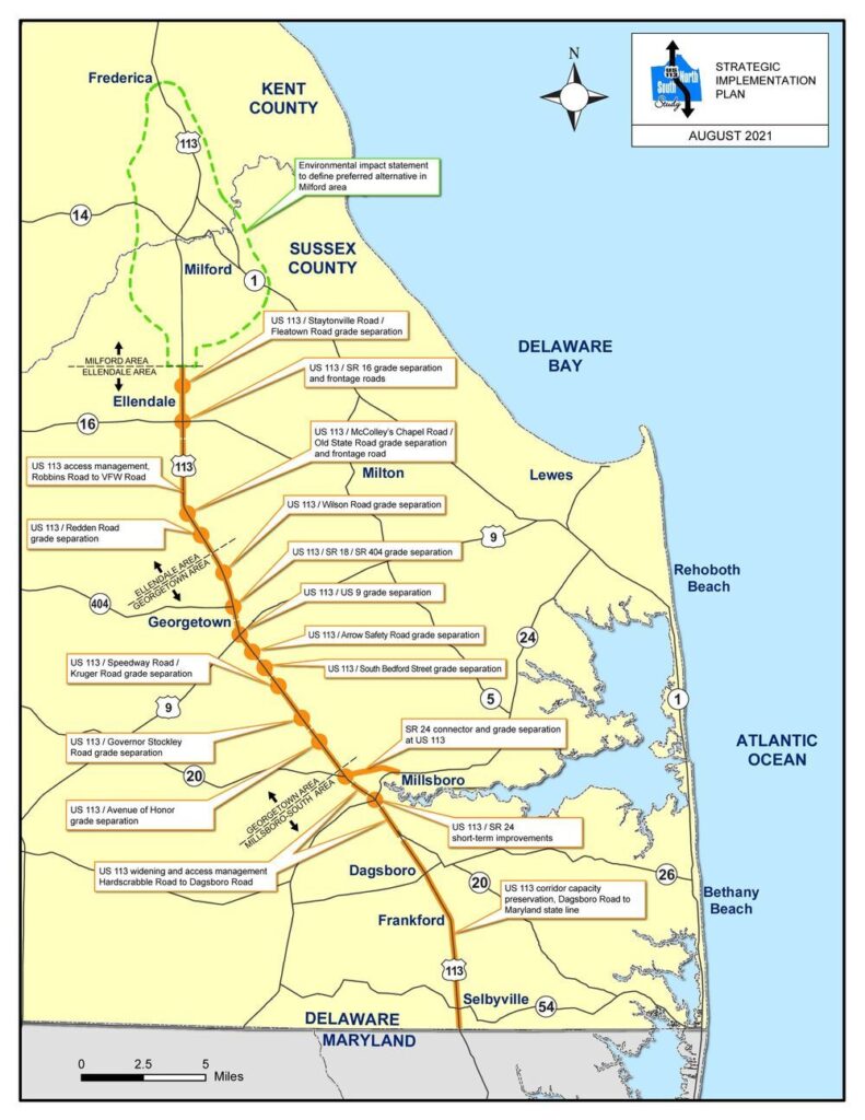 A map of Delaware with upcoming road projects listed.